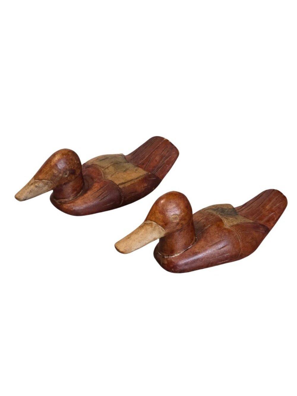 Pair of Hand-Curved Wooden Duck Folk Art Style Figurine Sculpture